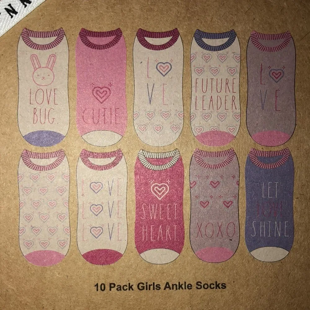 Rae Dunn socks ankle pack of 10 love theme girls shoe size 9-13/6.5-7